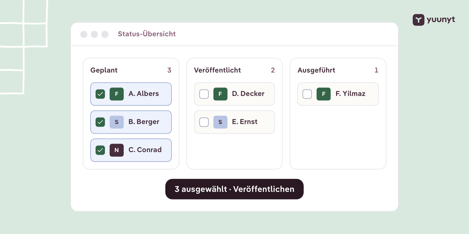 Die Status-Übersicht mit den Spalten Geplant, Veröffentlicht und Ausgeführt, drei geplante Dienste markiert und bereit zum Veröffentlichen.