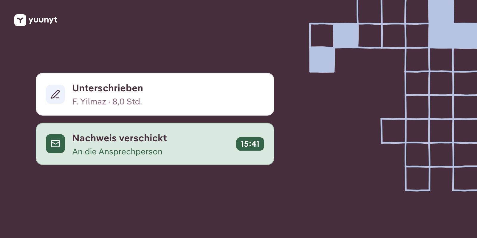 Die Zeiten von F. Yilmaz sind unterschrieben, um 15:41 ist der Nachweis an Haus Lindenhof verschickt.