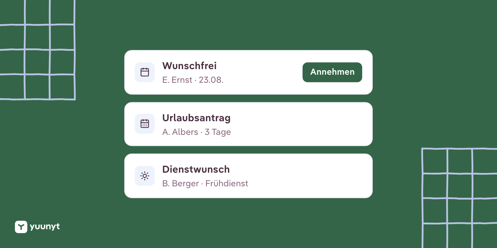 Drei Anträge untereinander: Wunschfrei von E. Ernst, ein Urlaubsantrag von A. Albers und ein Dienstwunsch von B. Berger.