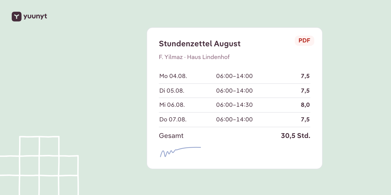 Ein Stundenzettel als PDF für F. Yilmaz bei Haus Lindenhof, drei Tage mit zusammen 23 Stunden, unterschrieben.