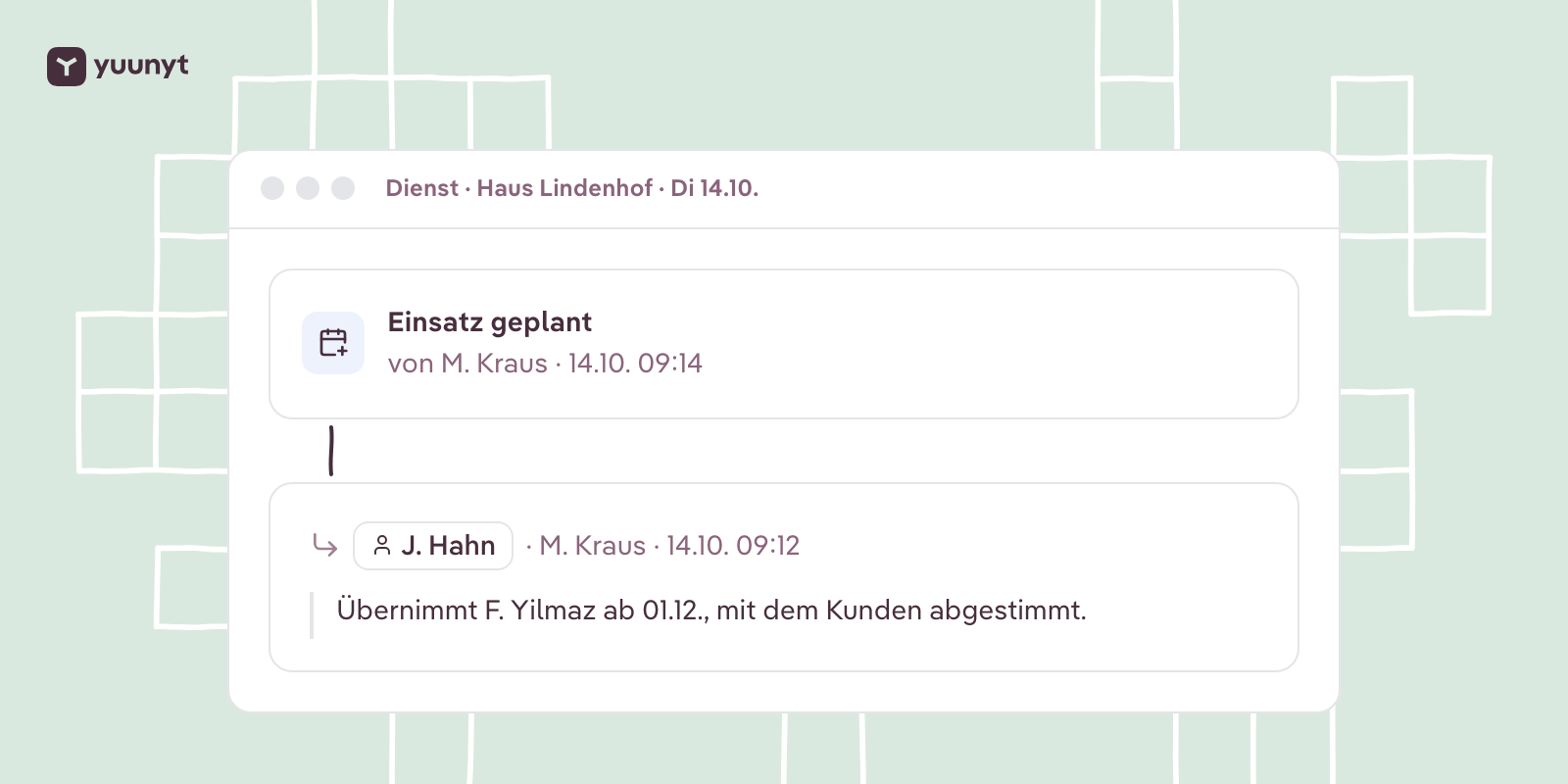 Der Verlauf am Dienst: J. Hahn fragt M. Kraus, wer bei Haus Lindenhof übernimmt, M. Kraus antwortet und plant den Einsatz.