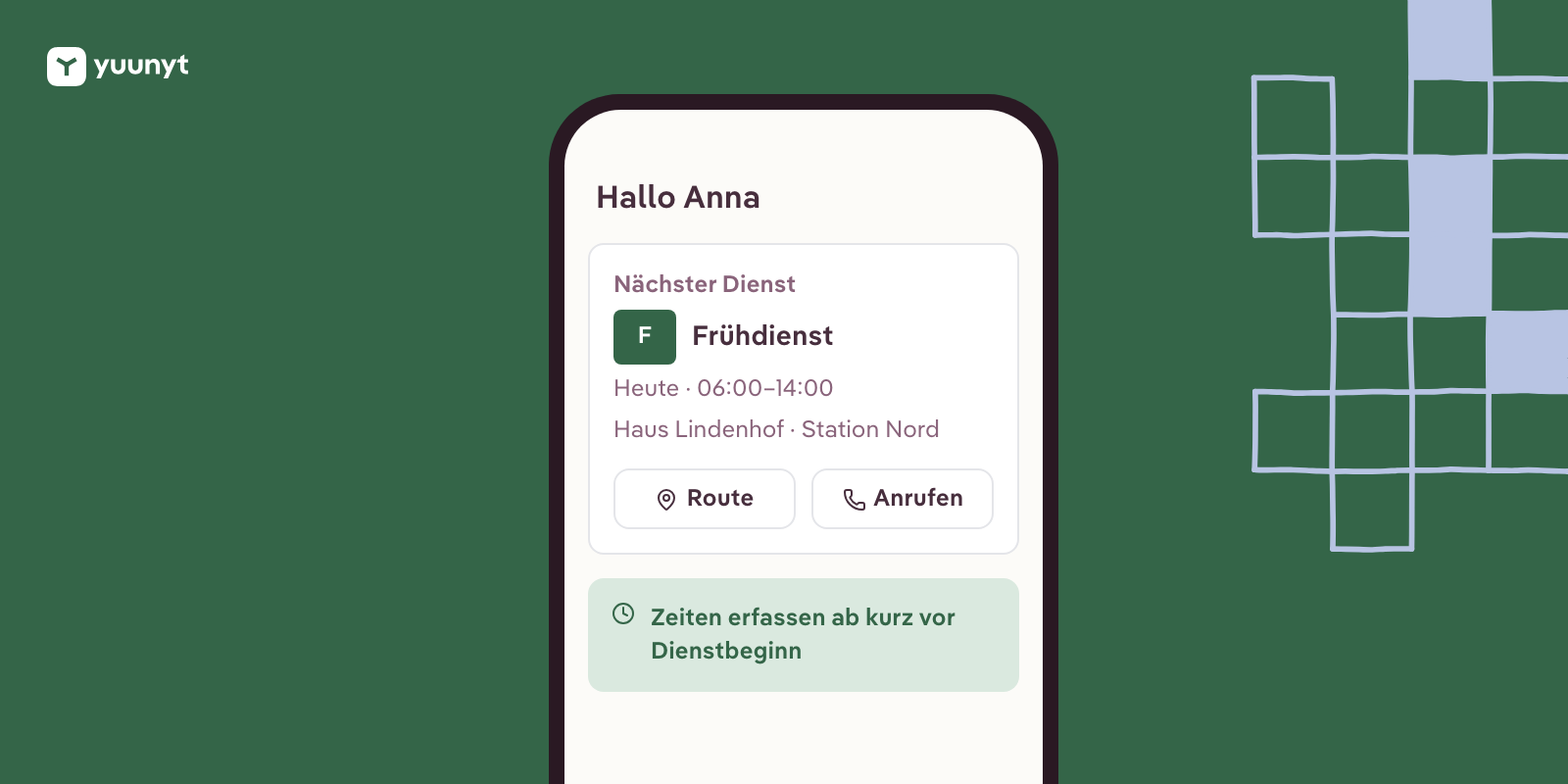Die App auf dem Smartphone: der nächste Dienst, Frühdienst heute 06:00 bis 14:00 bei Haus Lindenhof, mit dem Hinweis, dass Zeiten ab kurz vor Dienstbeginn erfasst werden.